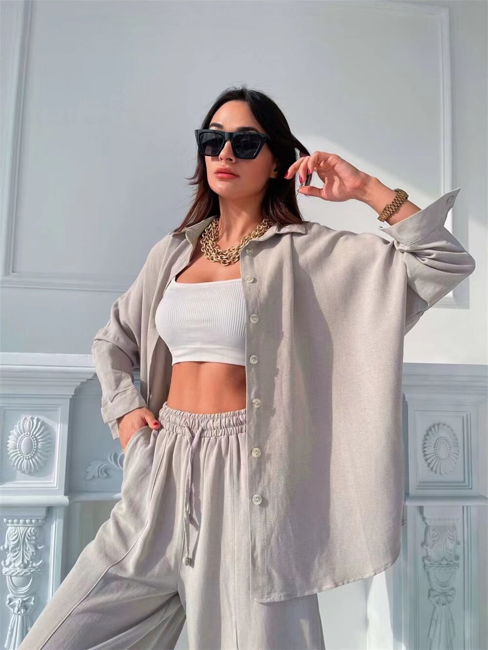 Fall outfits 2023 Autumn Casual Women Shirt Trouser Suit Female Solid Long Sleeve Shirts With High Waist Harem Pants Two Piece Set Outfits