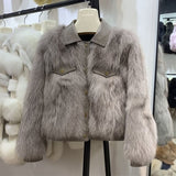 Clacive Winter Warm Faux Fox Fur Coat Women Fashion PU Leather Patchwork Motorcycle Jacket High Quality Short Faux Fur Overcoat