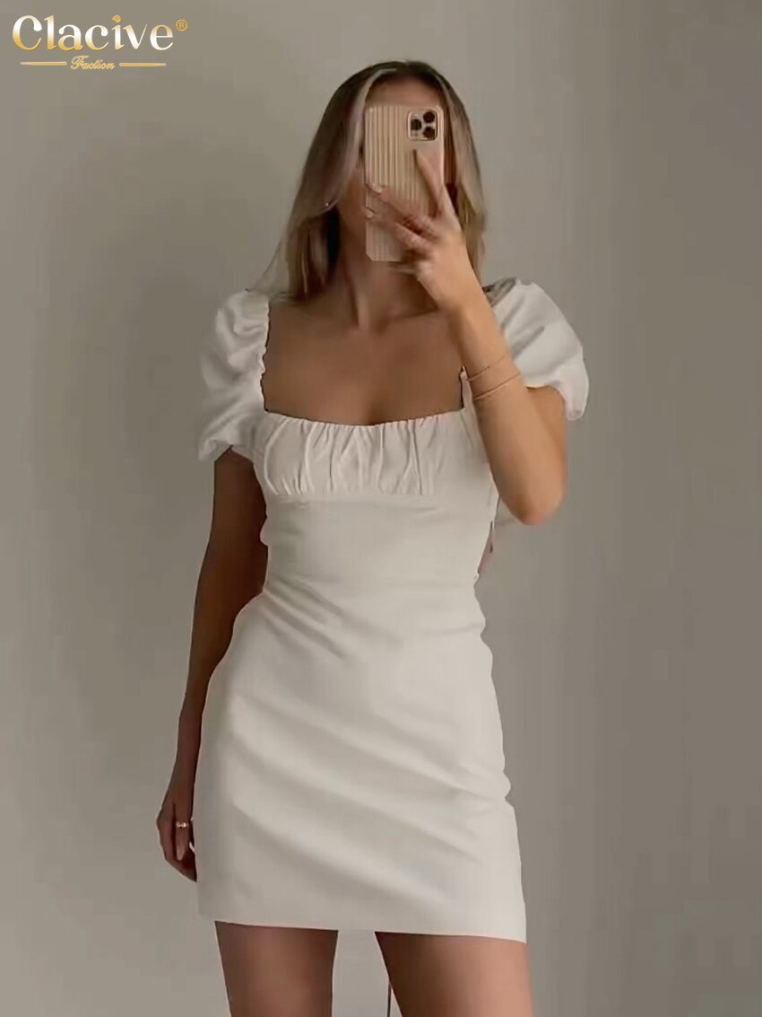 Clacive Sexy Square Collar White Dress Ladies Summer Bodycon Short Sleeve Mini Dress Elegant Backless Classic Dresses For Women