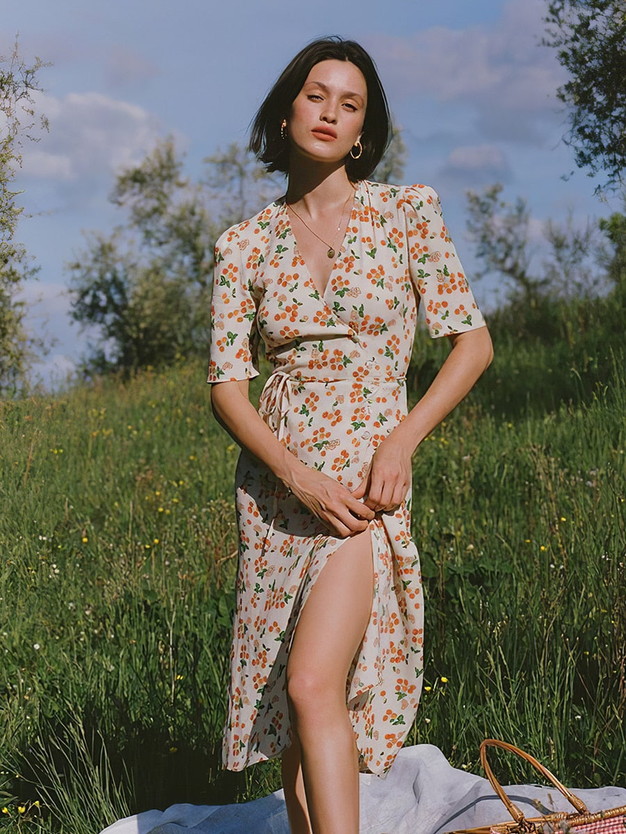 Clacive Retro Cherry Print Midi Dress Summer Elegant Short Sleeve V-Neck Wrap Women Long Dresses  Vintage Casual Female Robes