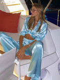 Clacive Elegant Blue Satin Two Piece Set Women Long Sleeve Crop Top Slim Pants Suit Fashion Chic  Lace Up Ladies Tracksuit Set