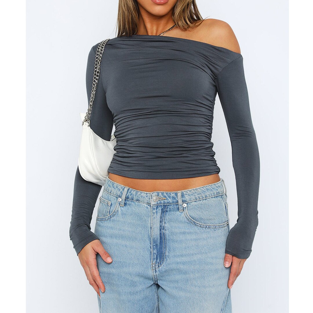 Fall outfits Back to school  Pleated T Shirts Fashion Cropped Top Sweatshirts Y2K Streetswear Fall Clothes Women Elegant Luxury One Shoulder Tops Tees
