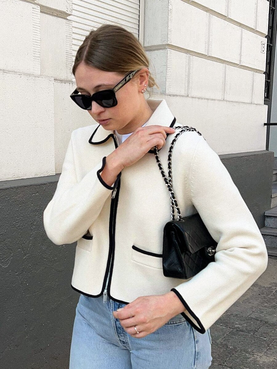 Clacive Solid Knitted Jacket  Woman Winter Turn-Down Collar White Zipper Short Jackets Top Elegant Casual Female Coats Mujer Clothes