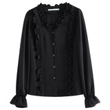 Fall outfits back to sschool  Women French Fungus Lace Shirt Long-sleeved Spring V-neck Court Style Top Temperament Women Solid Single Breasted Blouses