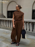 Clacive Fashion Tops Set Woman 2 Piece Summer Casual Brown Pleated Pants Set Female Elegant Loose High Wiast Wide Trouser Suits