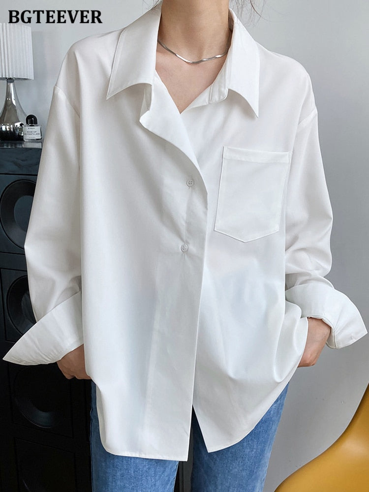 Elegant Turn-Down Collar Ladies Blouses Shirts  Spring Summer Pocket Full Sleeve Single-Breasted Women White Shirts
