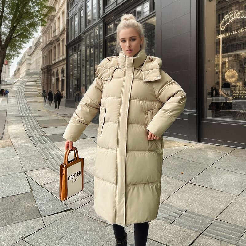 Fall outfits back to school 2023 New Winter Mid length Over Knee Down Cotton Coat Women's Thickened Hooded Simple Bread Coat