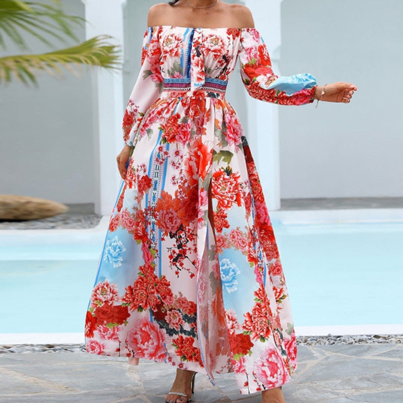 Clacive  Women Lace Up High Waist Beach Dress Summer Floral Print High Slit Maxi Dress Sexy One Shoulder Long Sleeves Long Dresses Robe