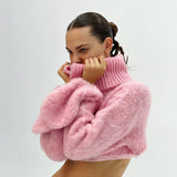 Fall outfits Y2k Knitted Sweaters Women Pink Long Sleeve Button Sexy Plush Cropped Turtleneck Autumn Winter Gyaru Short Sweaters