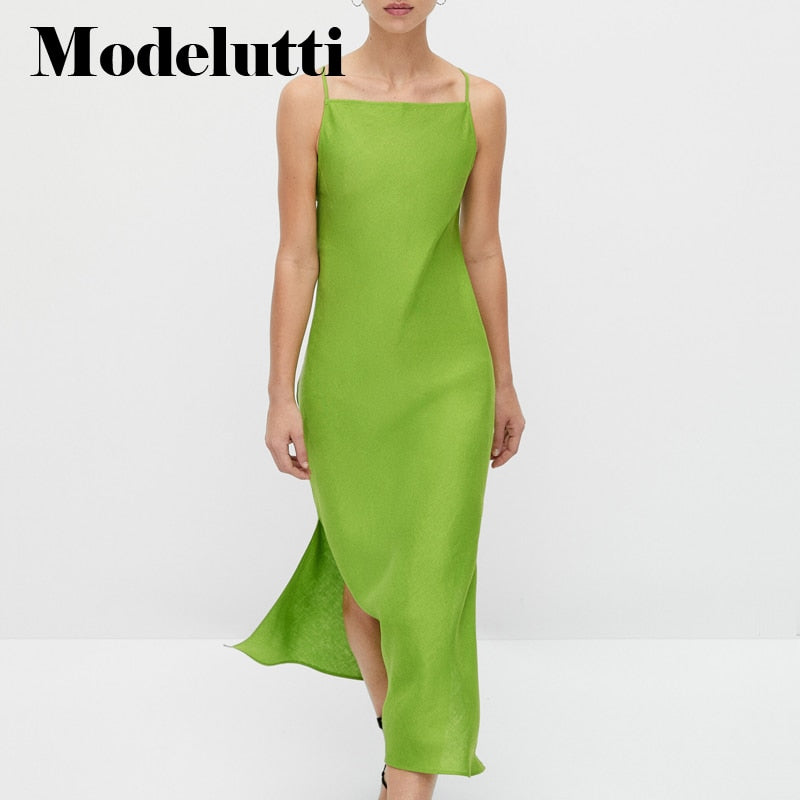 Clacive   New Spring Summer Fashion Sleeveless Linen Slip Dresses Women Slim Solid Color Simple Casual Long Dress Female