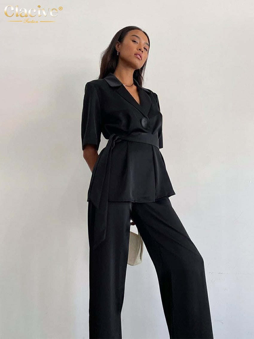 Clacive Summer Short Sleeve Shirts Set Woman 2 Piece Fashion Loose Black Satin Pants Set Female Elegant High Waist Trouser Suits
