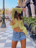 Women See Through Blouse Crop Tops Mesh Sheer Tie Up Long Flare Sleeve V Neck Ruffle Tops Summer Sexy Casual Shirts Female Top