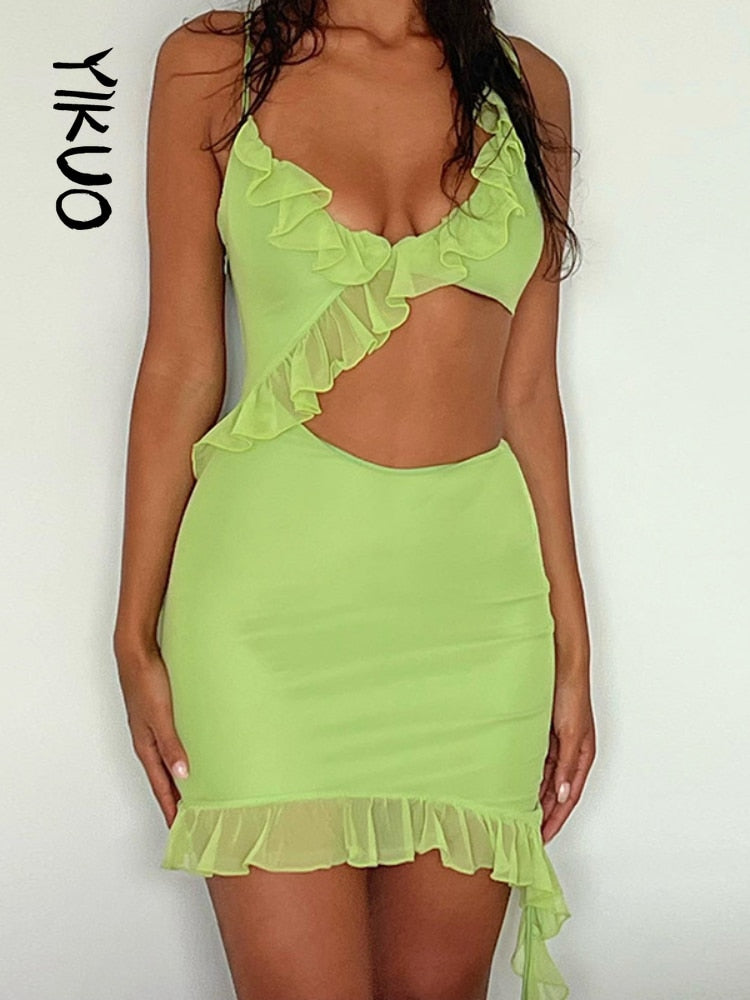 Green Mini Dress Summer Women Fashion Flounced Edge Straped Bodycon Dresses  New Female Sexy Cut Out Club Party Outfit