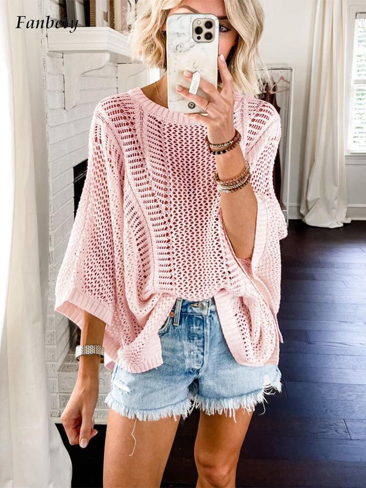 Clacive  New Design  Summer Fashion Women Tops Elegant Solid O-Neck Long Sleeve Blouse Casual Loose Knitted Cutout Beach Shawl Shirts