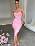 Clacive barbie outfites elegant  Bodycon Maxi Dress for Women 2023 Mesh  Robe Strapless Backless Sleeveless Split Club Party Pink Evening Dress Long