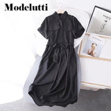 Clacive   New Spring Summer Fashion Short Sleeve Shirt Dress Belt Pocket Decorate Women Solid Color Simple Casual Female