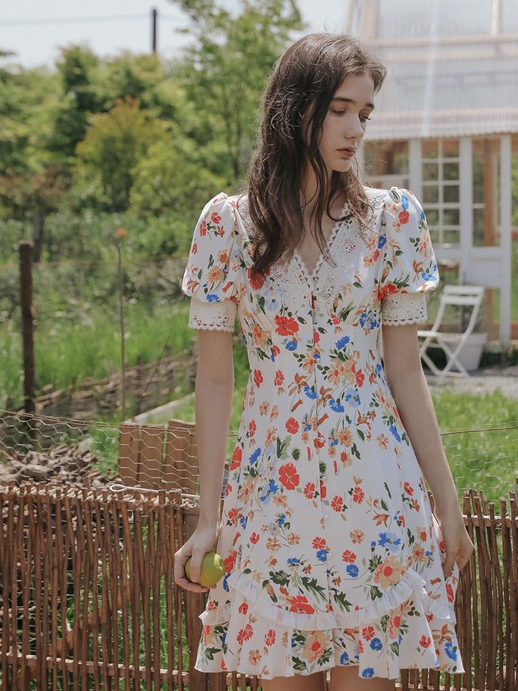 Clacive  Floral Print Shirt Dress For Women Vintage Elegant Slim Sexy V-Neck Single Breasted Ruffles Korean Fashion Short Dress