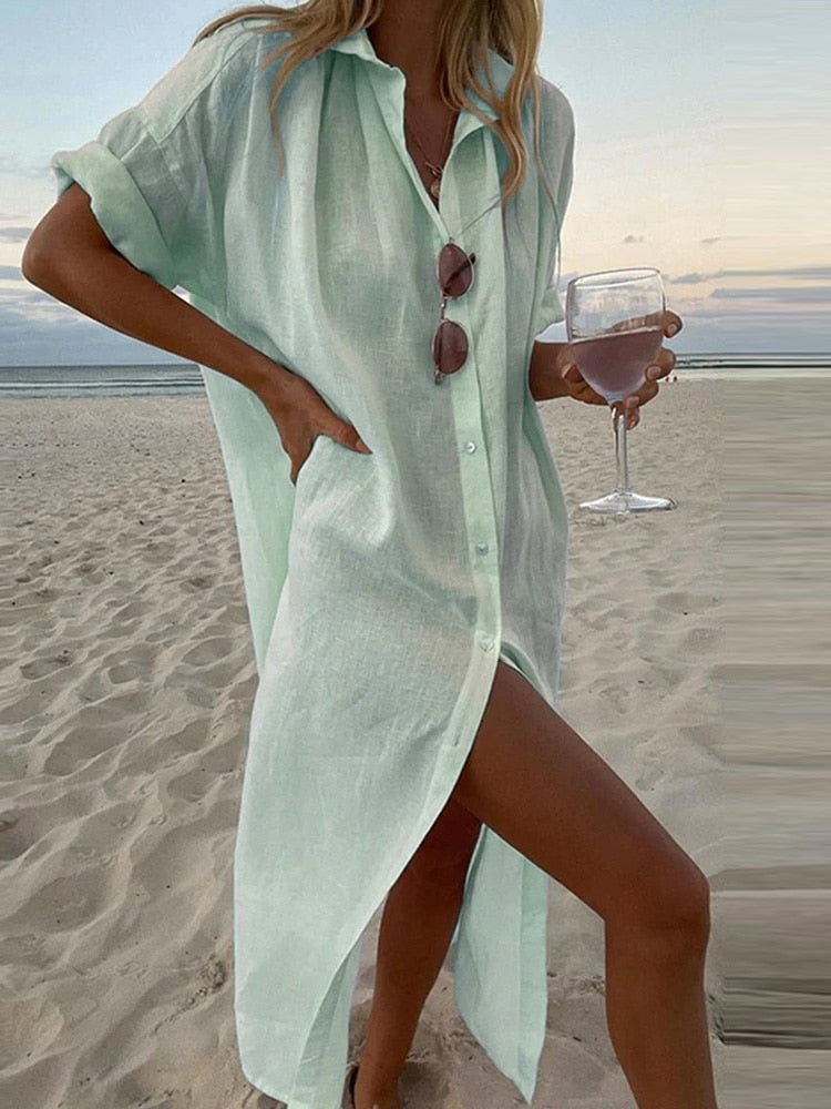 Clacive  Summer Casual Short Sleeve Beach Dress Lapel Button Solid Translucent Cardigan Dress Fashion Cotton Linen Super Long Shirt Dress