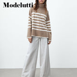 Clacive  Winter  New Sweaters Vestidos England Style Fashion Simple Striped Turtleneck Leisure Warmth Knitted Women Top