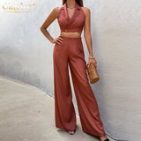 Clacive Sexy Sleeveless Crop Top Set Woman 2 Pieces Summer Red Satin Pants Set Female Fashion High Waist Wide Trouser Suits