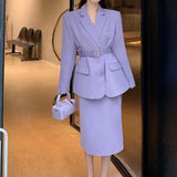 Clacive Quality Office Ladies' Suits With Skirt Two-Piece Setup Autumn Women Purple With Belt Blazer Chic High-Waist Split Skirt Outfit