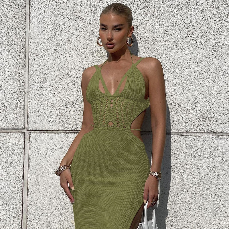 Clacive c Knitted Cut Out Halter Sexy Backless Summer Beach Dress for Women Elegant Outfits Bandage Slit Dresses Bodycon New