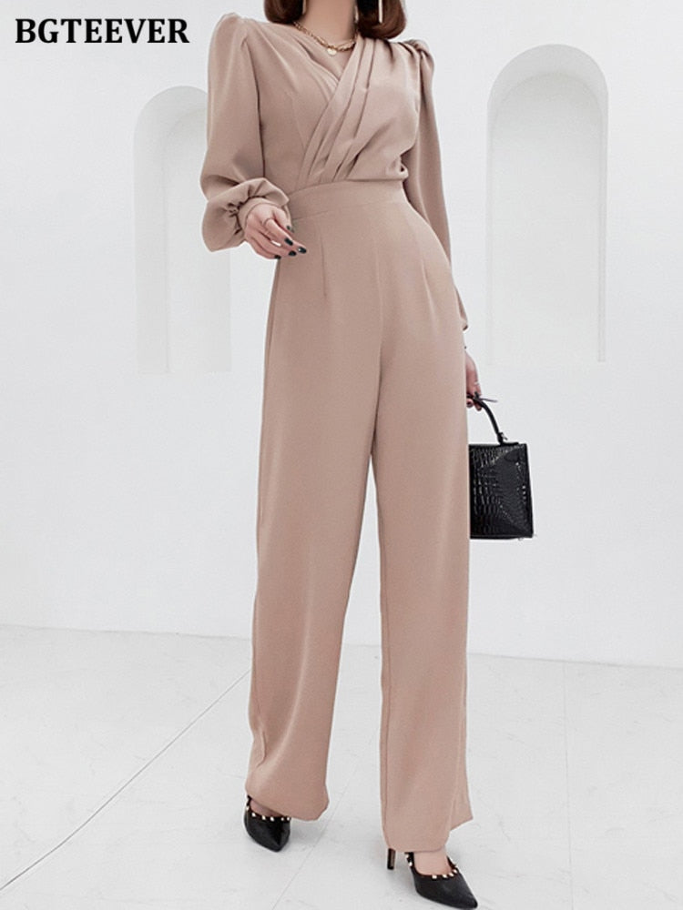 Elegant V-Neck Women Jumpsuits Long Sleeve Slim Female Overalls  New Spring Office Ladies Playsuits