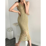 Clacive Elegant Sexy Dress Women Summer Thin Knitted Spaghetti Strap Dress Evening Party Office Lady Vintage Long Dress Female