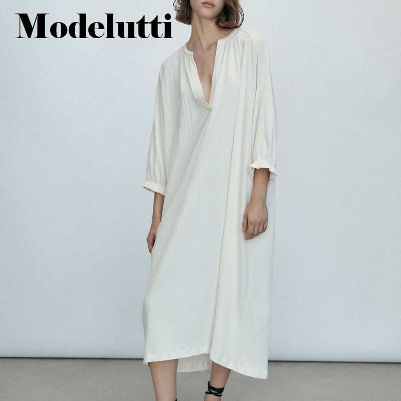 Clacive  New Spring Autumn Fashion Long Sleeve V-Neck Solid Color Midi Dress Women Loose Simple Temperament Casual Female