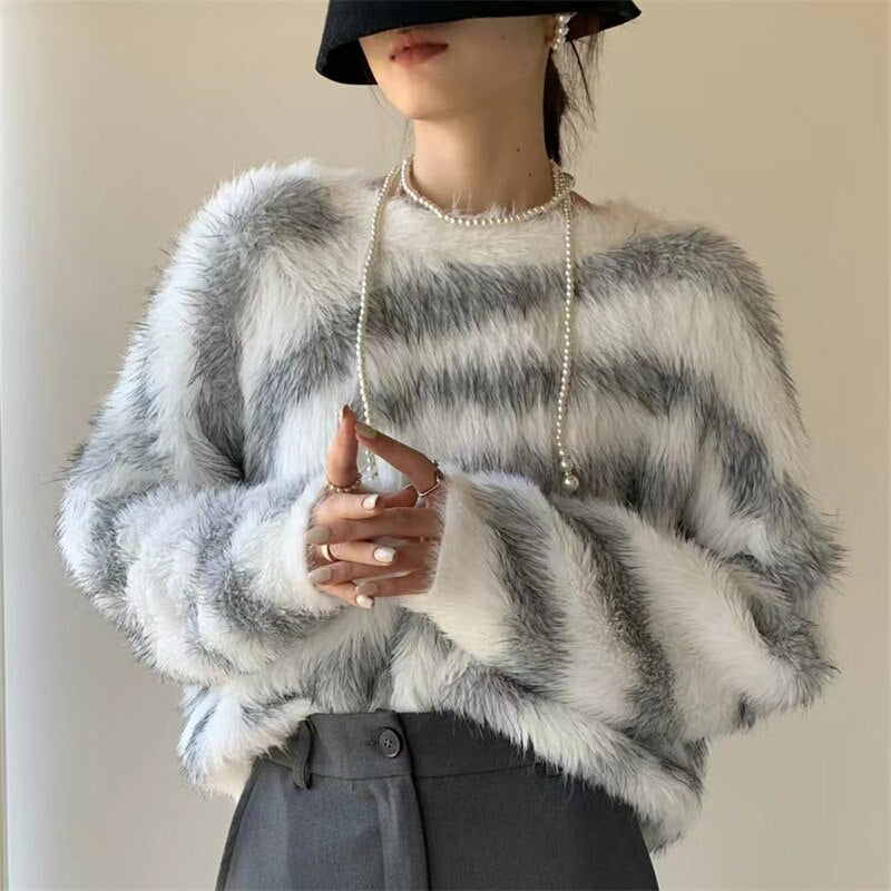 Fall outfits Hairy Zebra Knitted Sweaters Women Winter Korean Loose Harajuku Faux Mink Cashmere Jumper Vintage Short Pullover O-Neck O331