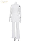 Clacive Summer Sexy Sleeveless Lace-up Shirt Two Piece Set Women Elegant High Wiast Pants Set Casual White Pleated Trouser Suits