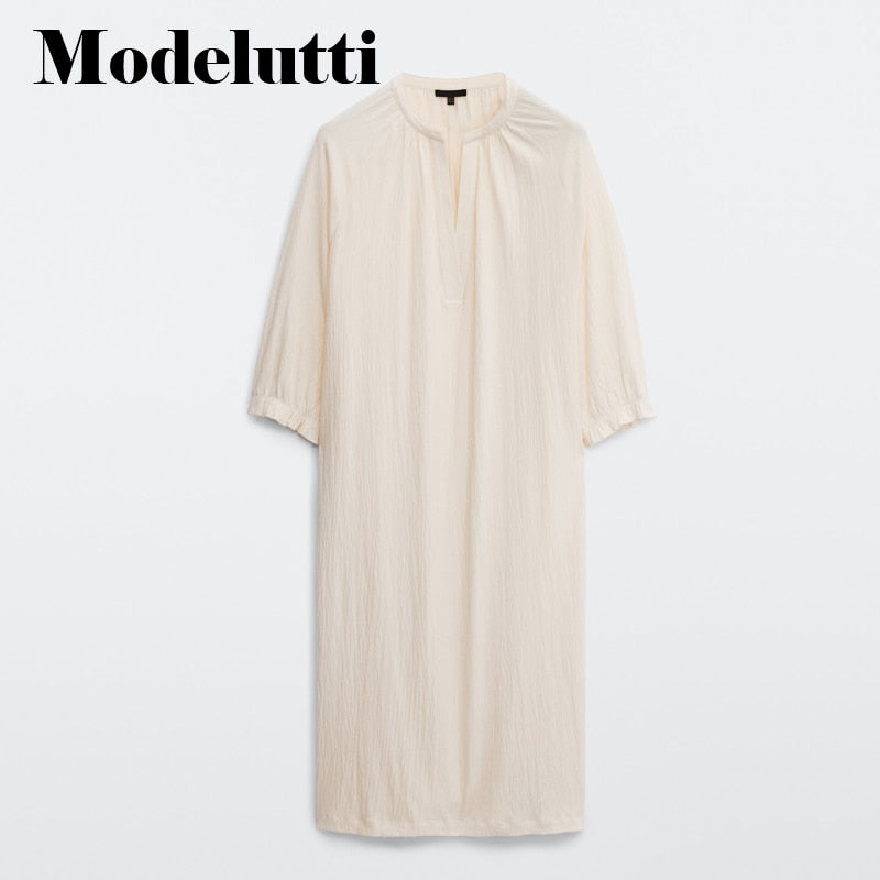 Clacive  New Spring Autumn Fashion Long Sleeve V-Neck Solid Color Midi Dress Women Loose Simple Temperament Casual Female