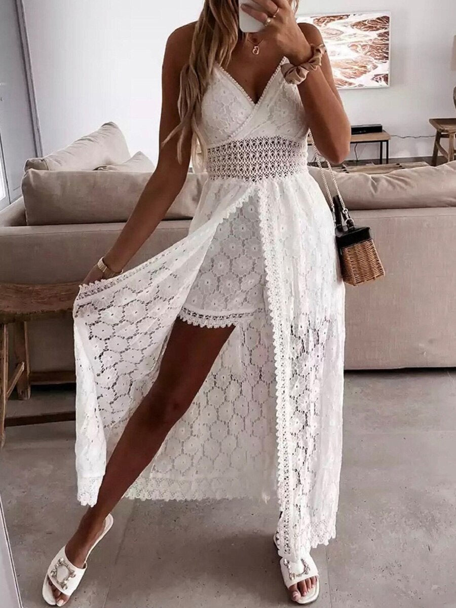 Women's Casual Bodysuit Hollow Out Floral Lace Sleeveless V Neck  Sling Bodysuit Cover Up Beach Dress Sundress Lady Outfit