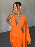 Fall outfits Elegant Women 2023 Deep V-neck High Waist Tunics Backless Bodycon Formal Occasion Dresses Sexy Summer Orange Evening Party Dress