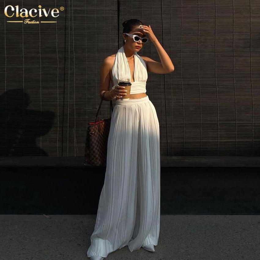 Clacive Sexy Halter Crop Top Set Woman 2 Piece Chic Summer Bodycon High Waist Pants Set Lady Fashion White Pleated Trouser Suits