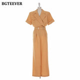 Fashion Women Playsuit Notched Collar Short Sleeve Female Jumpsuits Summer Elegant Belted Ladies Wide Leg Rompers