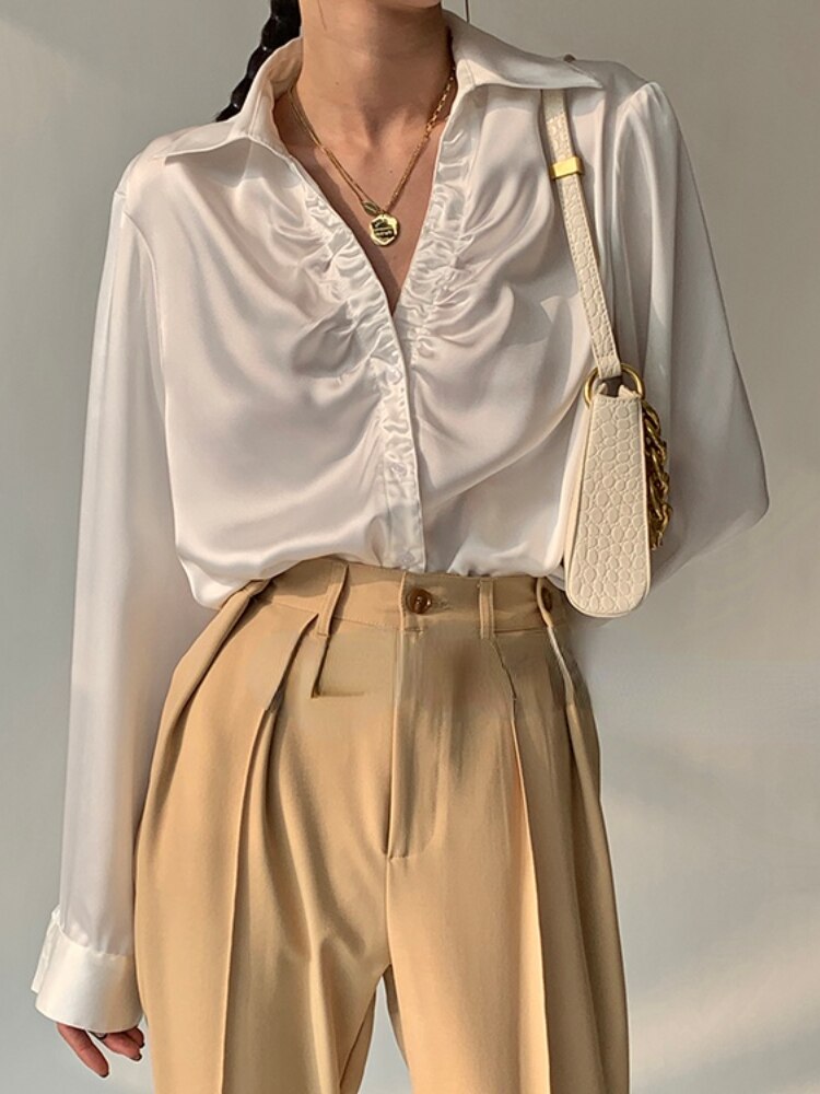 Clacive   Summer Fashion Women Shirt Design Pleated V-Neck Satin Women Simple Elegant Loose Thin Versatile Shirt