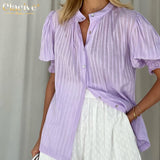 Clacive Summer Purple Women'S Shirt Elegant Short Lanter Sleeve Office Blouses Ladies Fashion Loose Tops Female Clothing