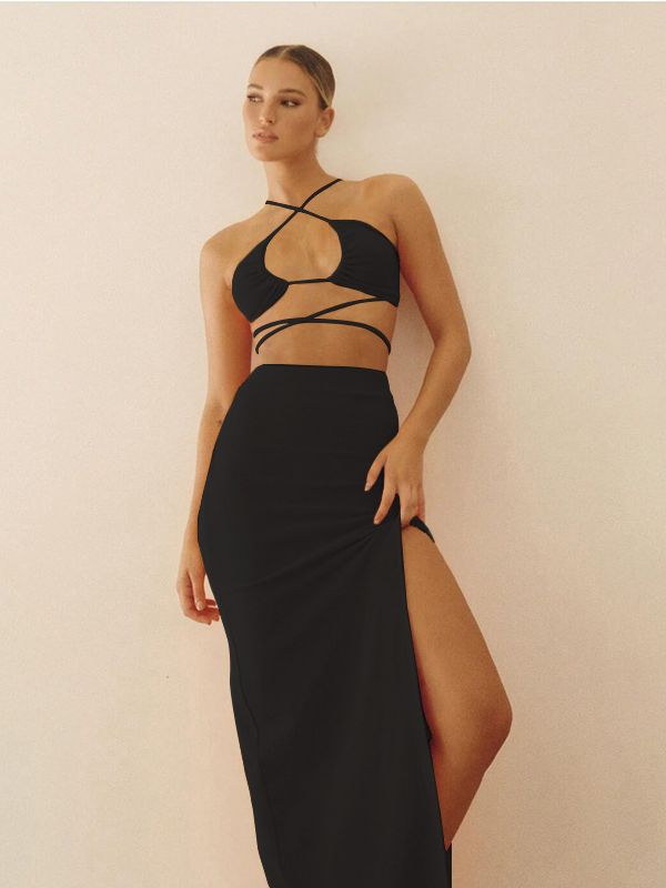 Clacive  Bandage Cut Out Sexy Halter Neck Top and Skirts Set Gathered Elegant Club 2022 Summer Outfits Split Two Piece Set