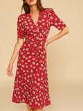 Clacive Spring Summer Women V-Neck Wrap Midi Dress Floral Print Short Sleeve Ladies Slim Waist Holiday Long Robes