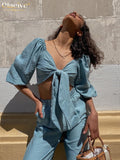 Clacive Sexy Lace-Up Crop Shirts Two Piece Set Women Summer Bodycon High Waist Trouser Suits Female Casual Blue Wide Pants Set