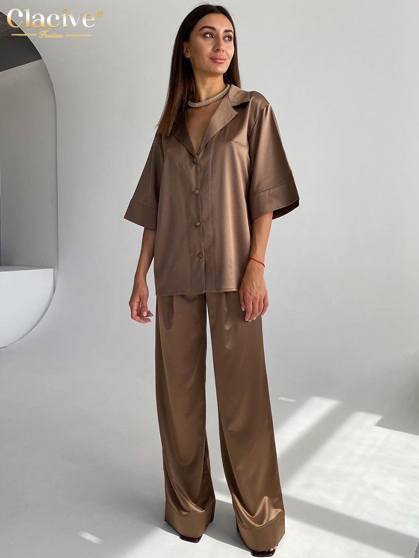 Clacive Casual Short Sleeve Shirts Pants Set Woman 2 Pieces Summer Brown Satin Home Suit