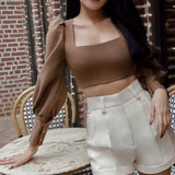 Clacive Elegant Solid Color Puff Sleeve Crop Top Y2K Square-Neck Lace Up Summer Women Tops Sexy Backless Ladies Party T-Shirts