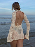 Backless Sexy Bodycon Summer Dress Beach Outfits For Women Hollow Out Knitted See Through Sexy Long Sleeve Party Dress