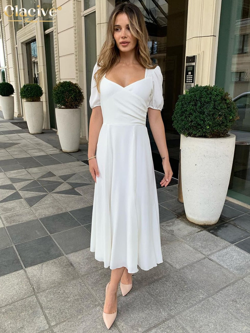 Clacive Sexy V-Neck White Dress Woman Summer Bodycon Short Sleeve Office Midi Dresses Elegant Slim High Waist Slit Female Dress