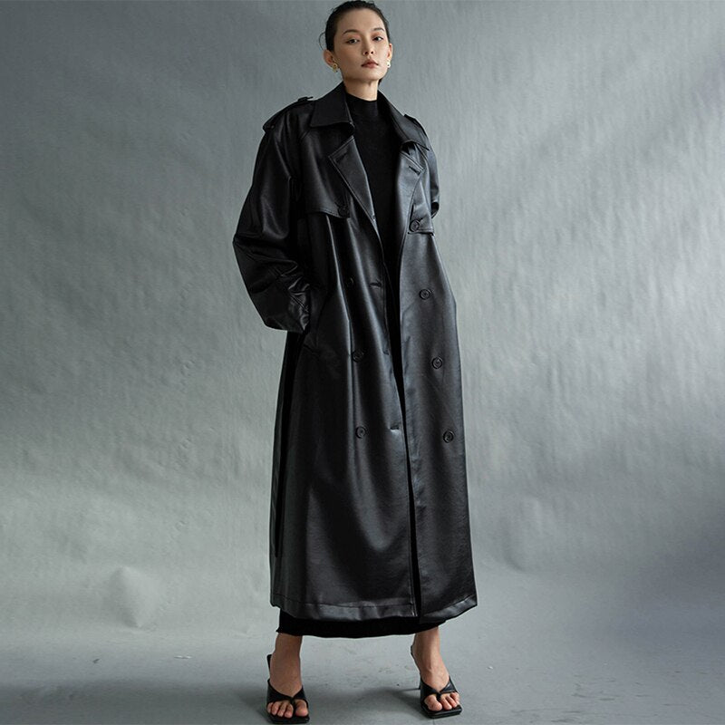 Clacive  Autumn Extra Long Oversized Black Faux Leather Trench Coat For Women Long Sleeve Belt Double Breasted Loose Fashion