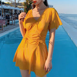 Clacive Summer Elegant Fashion Sweat Swimsuits Women Short Sleeve V Neck Swimwear Solid Color Dress Sexy Waist Retraction Female Clothes