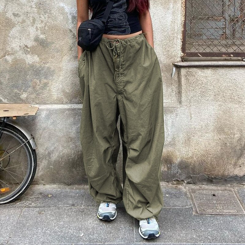 Clacive  Y2K Drawstring Streetwear Pockets Baggy Cargo Pants Women Loose Casual Vintage Low Waist Wide Leg Sweatpants  Summer