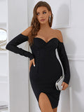 Clacive Black Long Sleeve Bodycon Bandage Dress Women's Off Shoulder Sexy V Neck Buttons Mini Celebrity Evening Club Party Dresses