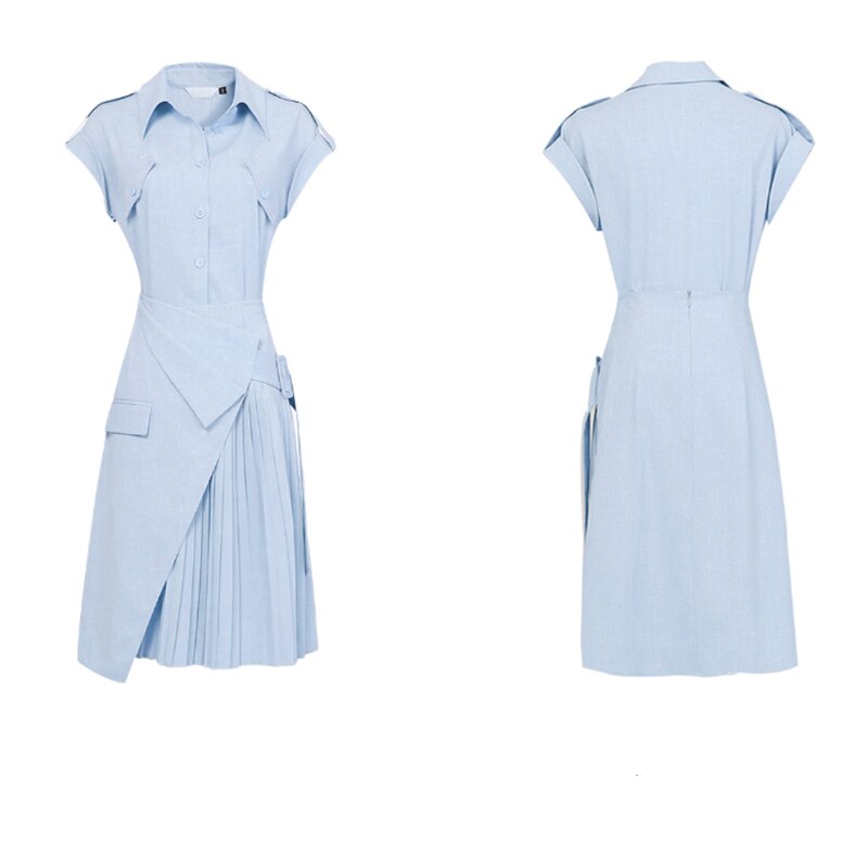 Clacive Office Lady Two Piece Set Short Sleeve Lapel Shirt + Asymmetric Pleated Skirt Suits Women 2 Piece Outfits Summer Ensemble Femme